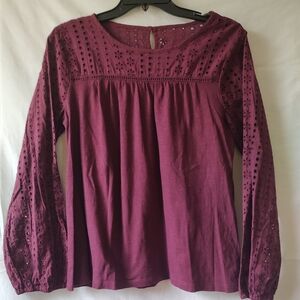 St John's Bay Maroon Cotton Top Shirt Long Sleeves Medium